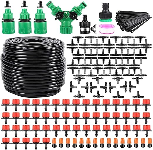 Garden Automatic Irrigation System 164FT 200 Pack Drip Irrigation Kit 1/4" Blank Distribution Tubing Watering Drip Kit Automatic Irrigation Equipment for Garden, Patio, Greenhouse, Flower Bed, lawn